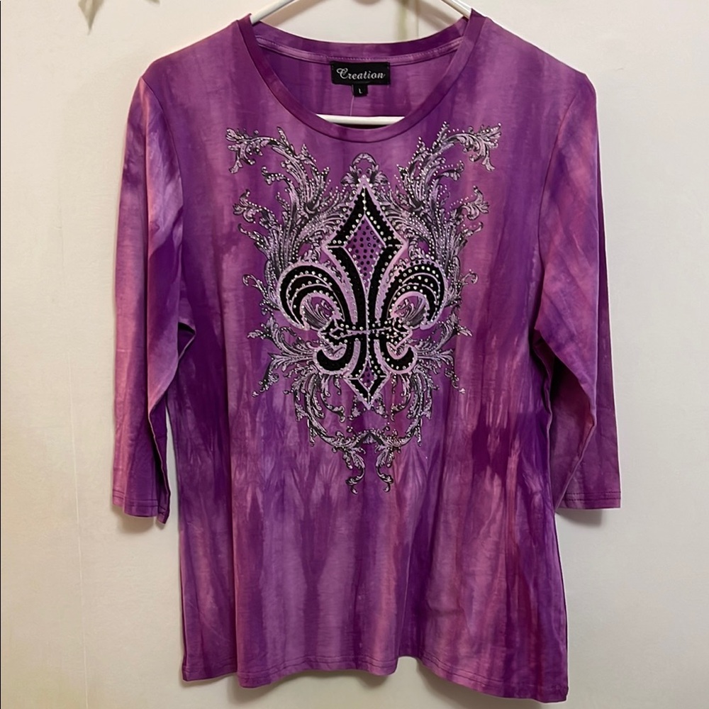 Creation Purple Tie-Dyed Embellished Women's 3/4 Sleeve Top